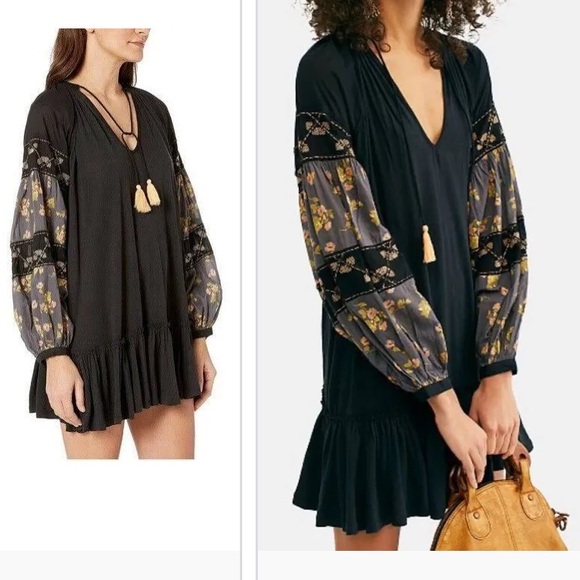 Free People Mix It Up Tunic Floral Beaded Long Sleeve Black Dress Women’s Size S - Picture 1 of 16